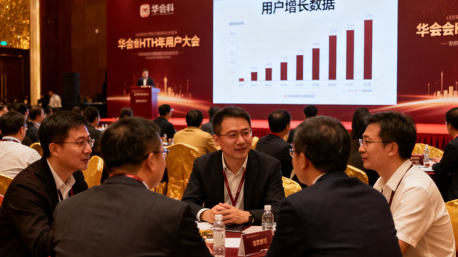 华体会HTH举办的年度用户大会现场，会场布置以深红与金色为主色调，大屏幕上展示着用户增长数据，参会者热烈交流